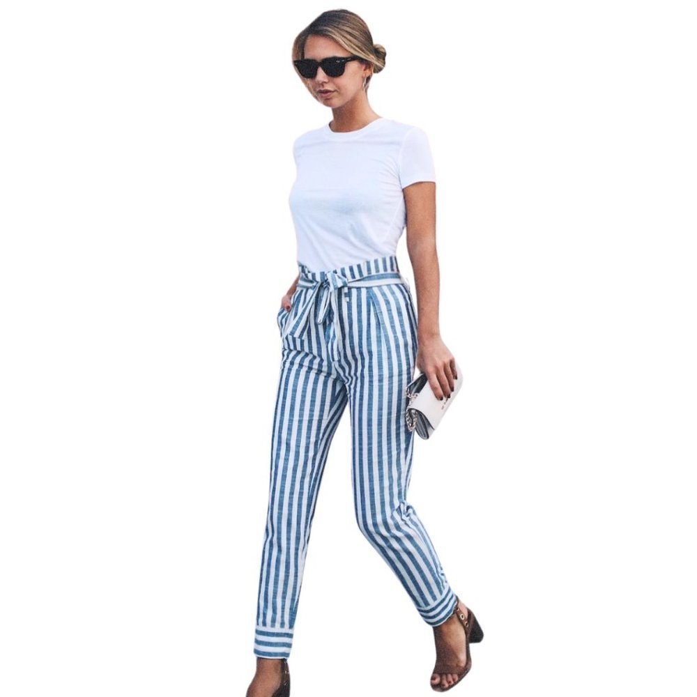 NWT Women's Nautical Blue and White Striped Cropped High Waist Pants Tie Belt - Picture 5 of 5